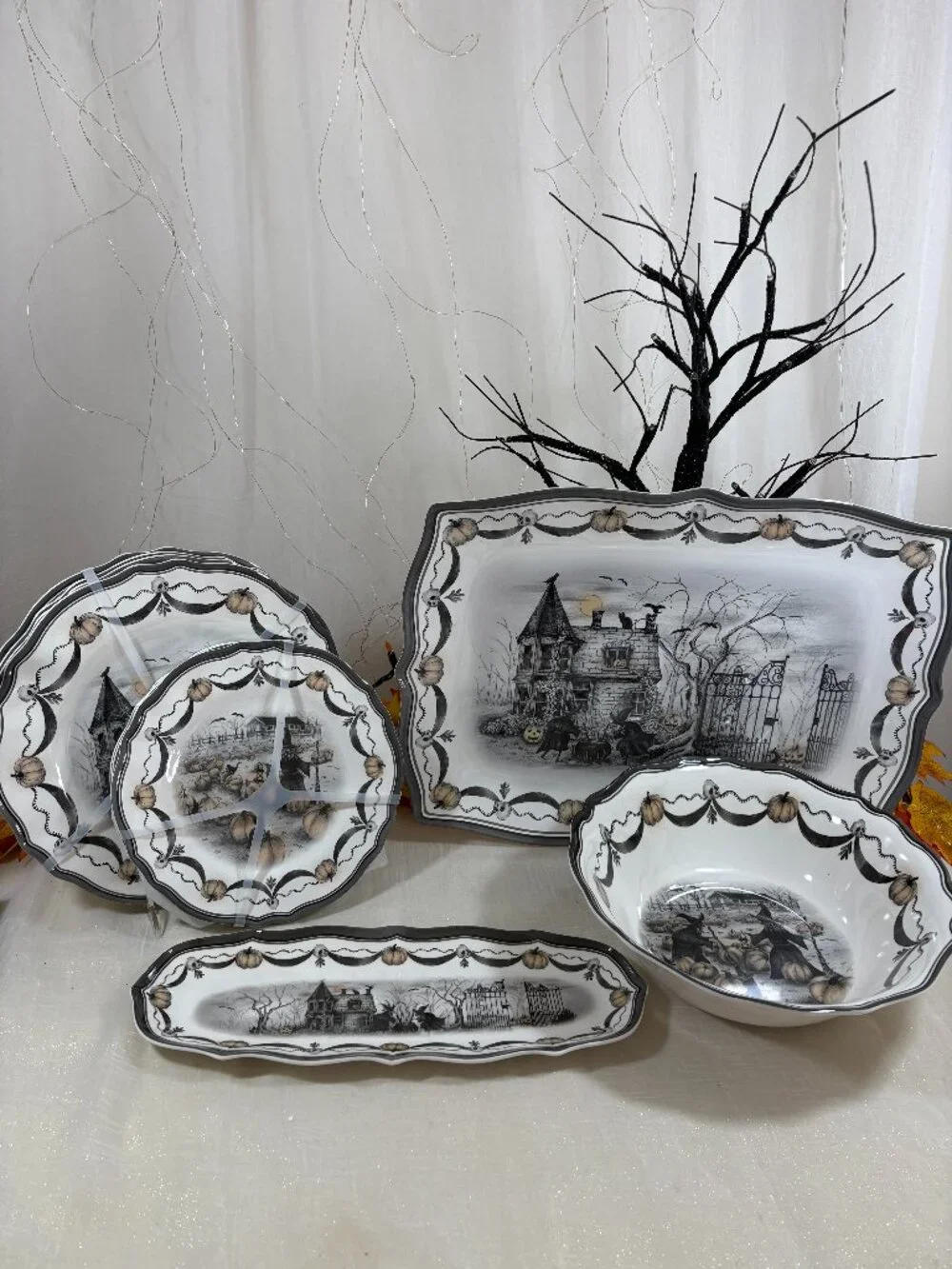 Halloween Melamine Witch Coven Cat Dinner & Salad Plates & 3 Serving 11 PC Set